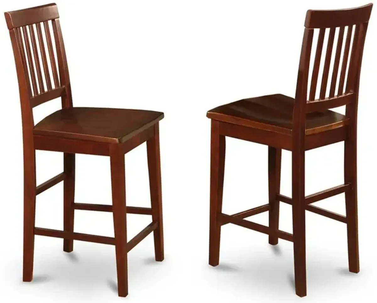 East West Furniture Vernon  Counter  Stools  with  Wood  Seat  -  Mahogany  Finish,  Set  of  2