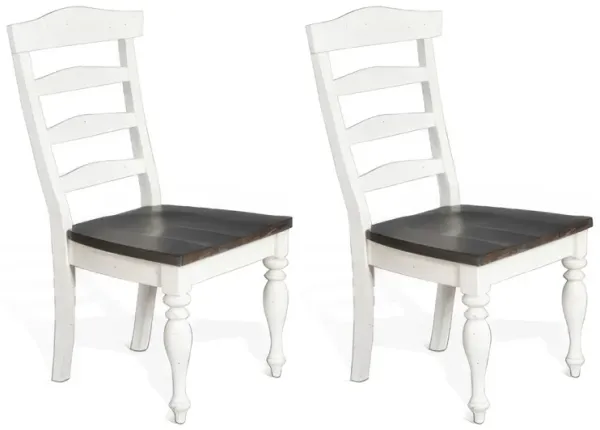 Orso Set of 2 Dining Chairs, Ladderback Design, White and Dark Brown Mindi Wood - Benzara