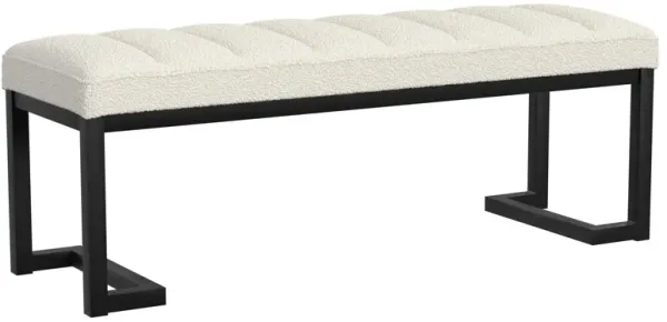 Mezza Accent Bench, Tufted Ivory Boucle Fabric, Black Metal, 48 Inch - Benzara