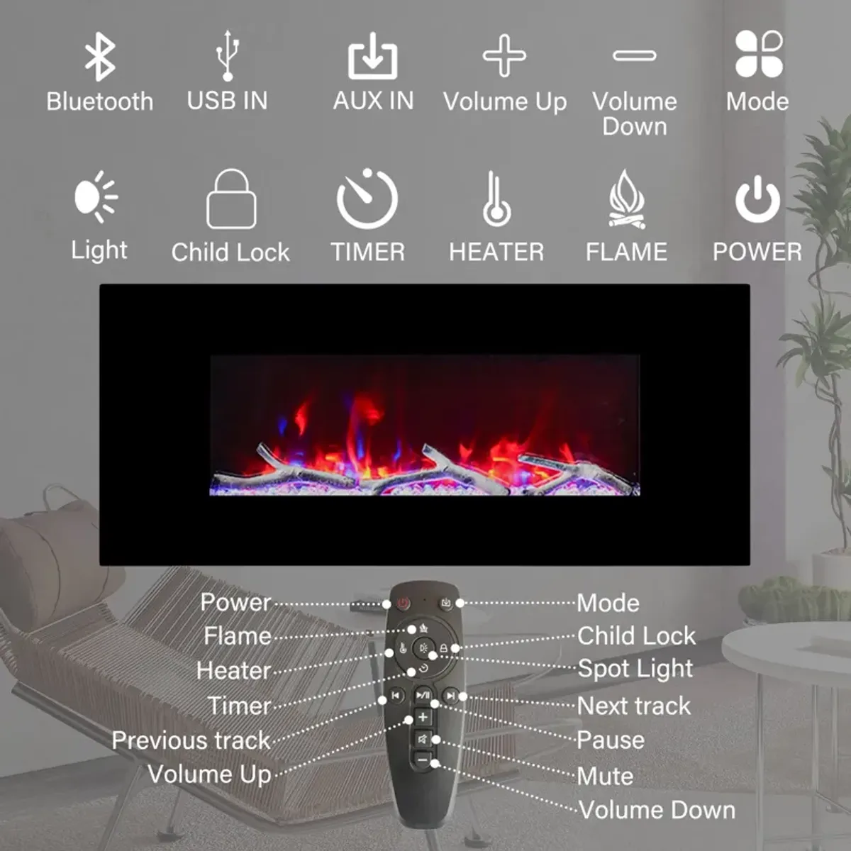 42 Inch 1500W Wall-Mount Fireplace with Multicolor Flame