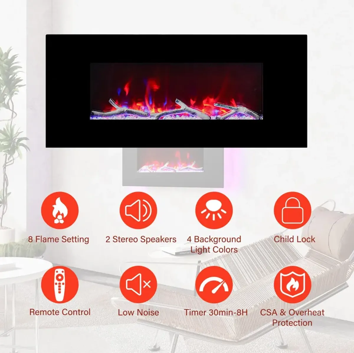 42 Inch 1500W Wall-Mount Fireplace with Multicolor Flame