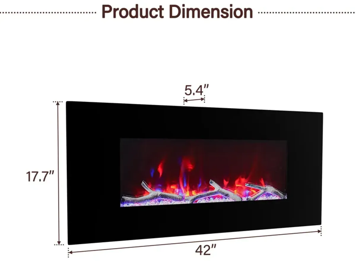 42 Inch 1500W Wall-Mount Fireplace with Multicolor Flame