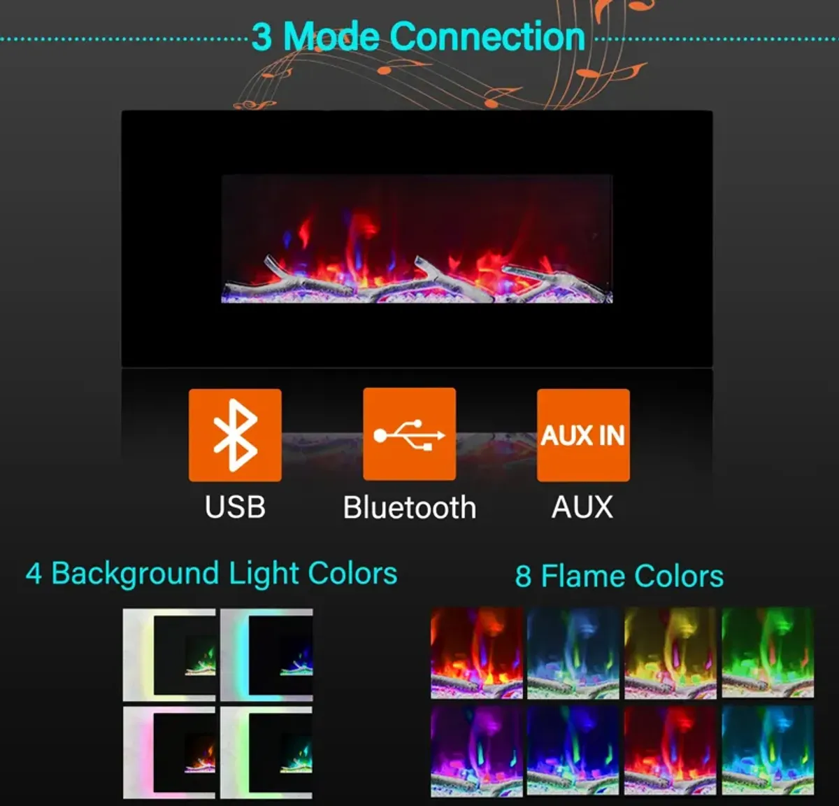 42 Inch 1500W Wall-Mount Fireplace with Multicolor Flame