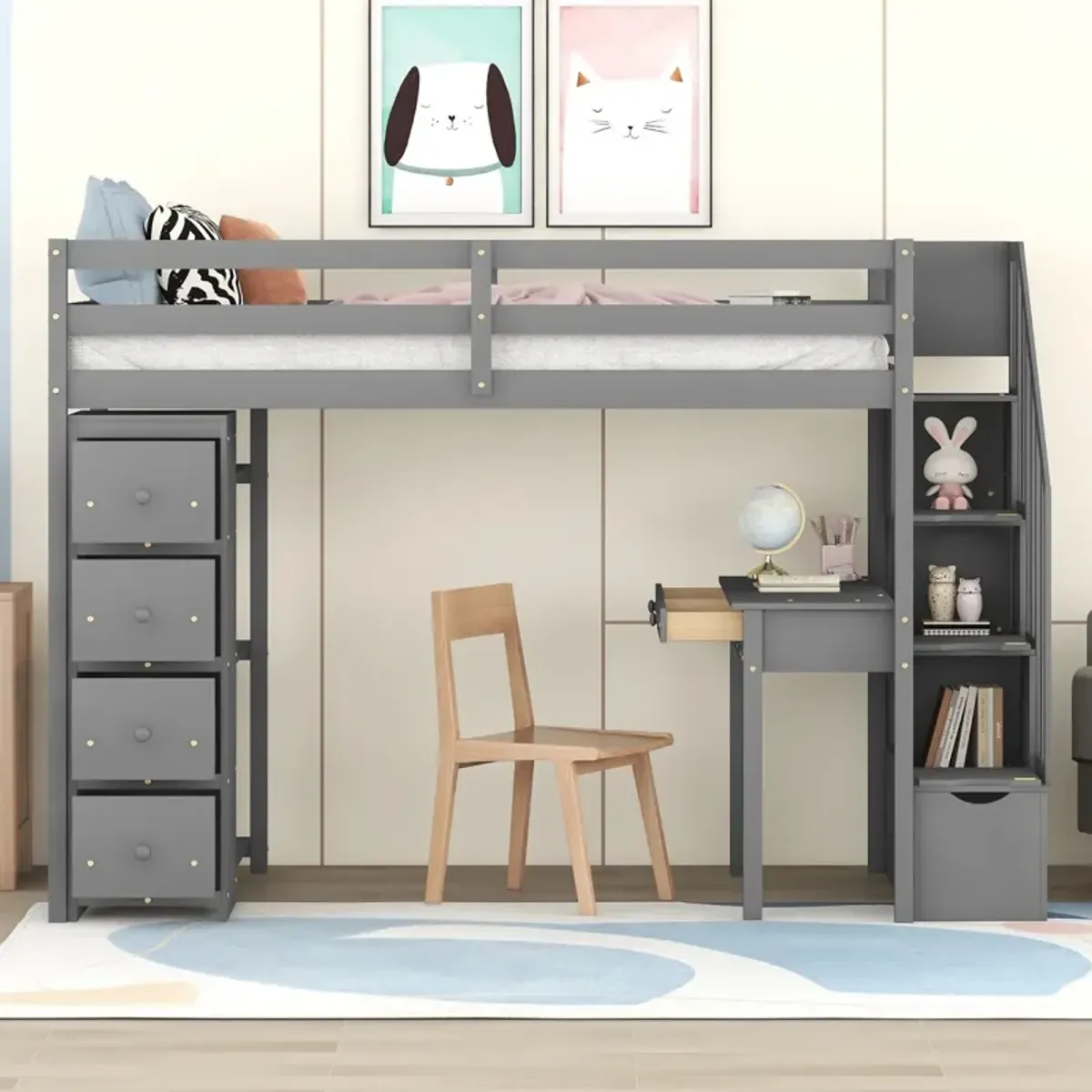 Twin Size Loft Bed With Storage Drawers, Desk And Stairs, Wooden Loft Bed With Shelves