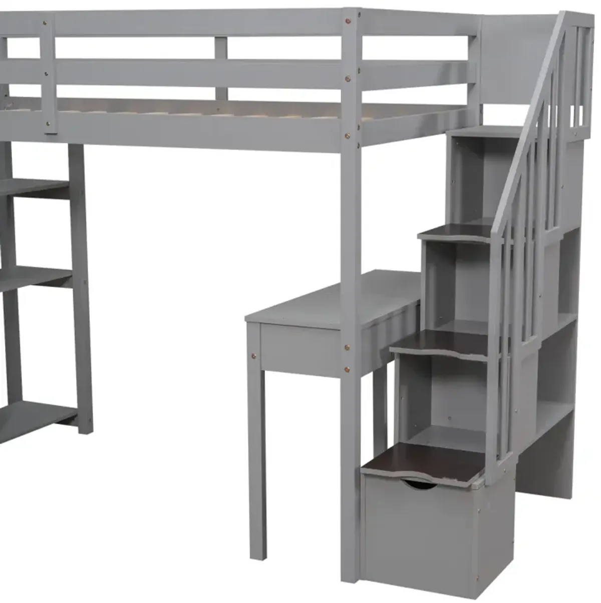 Twin Size Loft Bed With Storage Drawers, Desk And Stairs, Wooden Loft Bed With Shelves