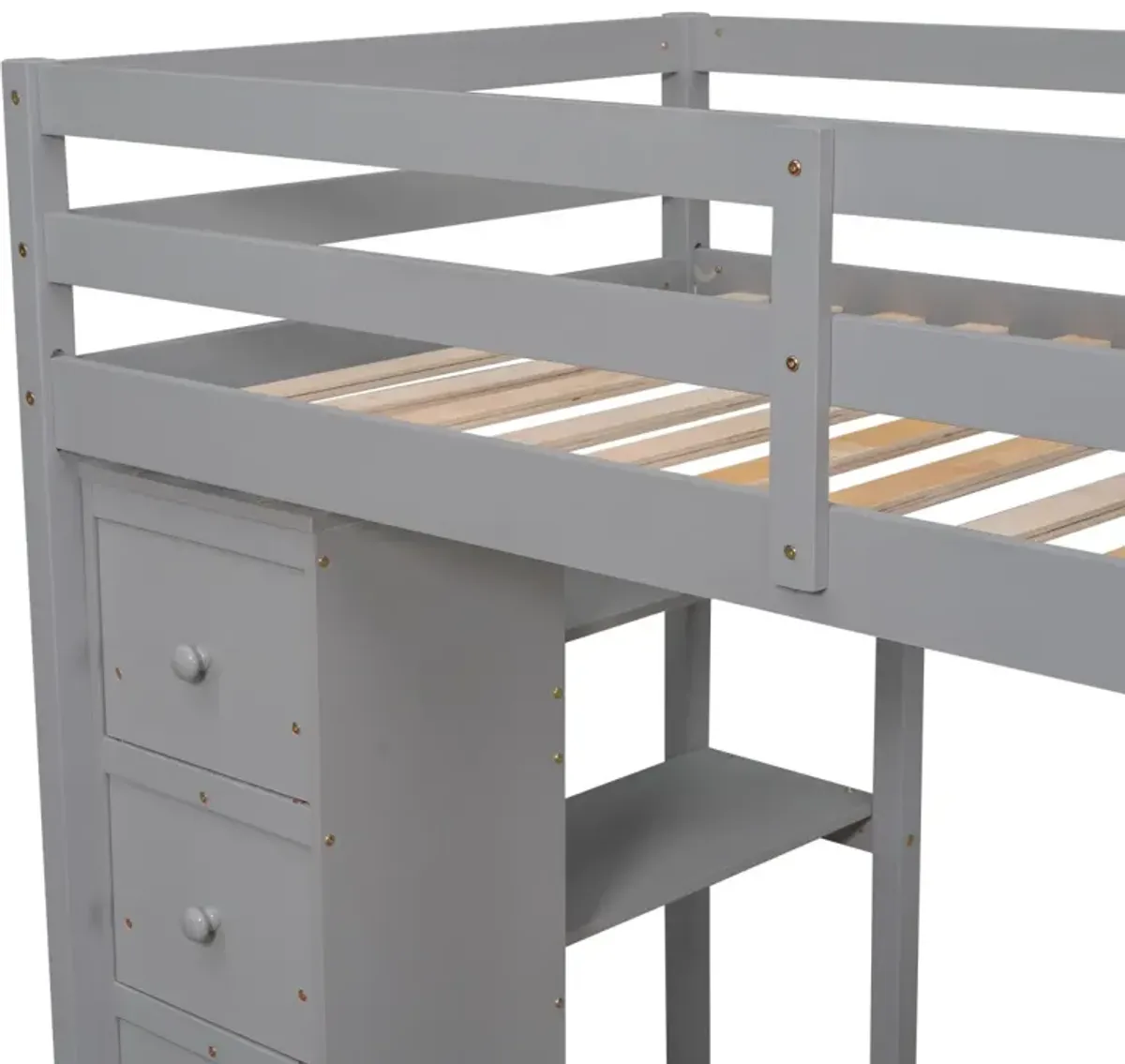 Twin Size Loft Bed With Storage Drawers, Desk And Stairs, Wooden Loft Bed With Shelves