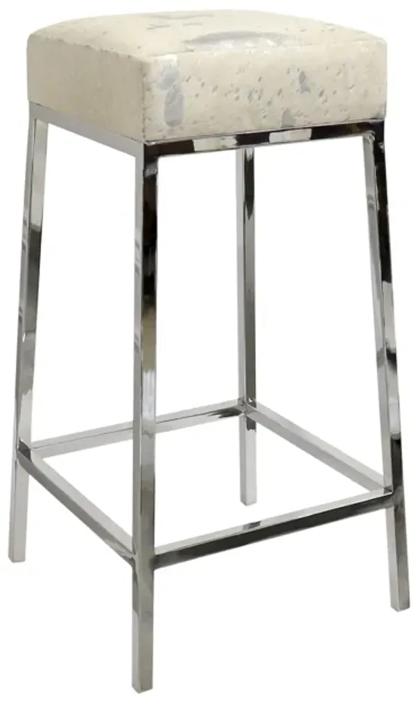 Pasargad Home Safari Collection Silver Foil Cowhide & Steel Bar Stool, Silver