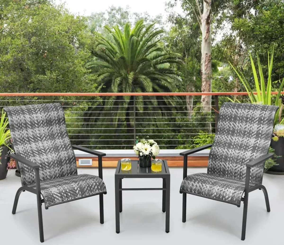 3 Pieces Patio Rattan Bistro Set with High Backrest and Armrest