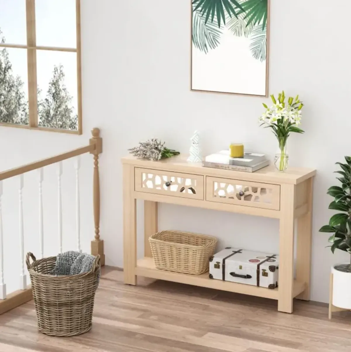 Hivvago 2-Tier Console Table with Drawers and Open Storage Shelf