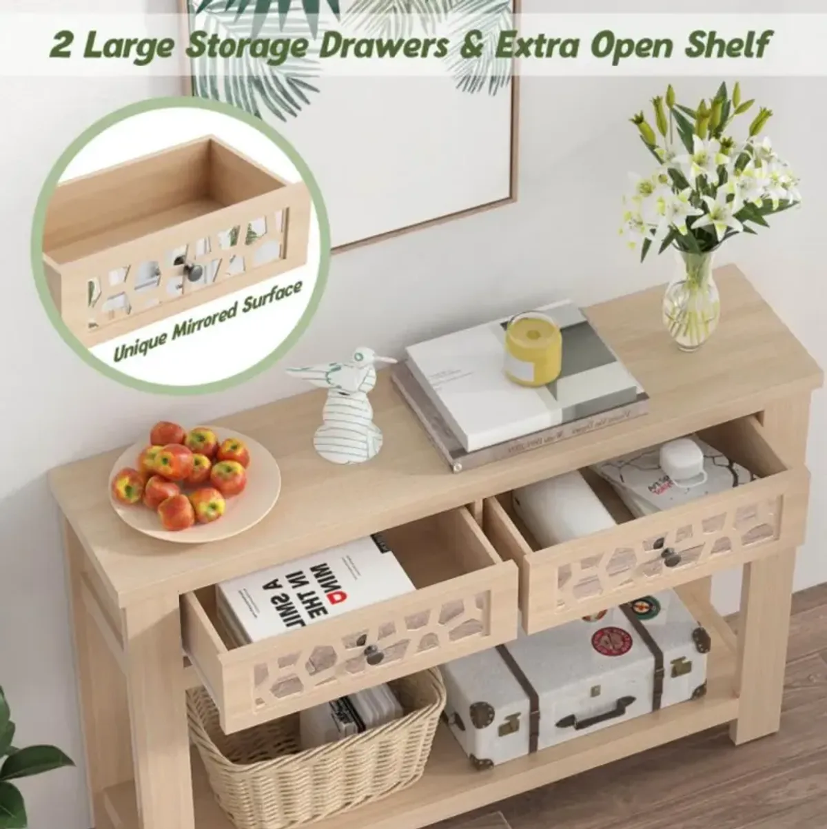 Hivvago 2-Tier Console Table with Drawers and Open Storage Shelf