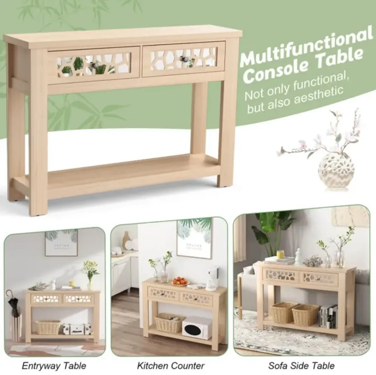 Hivvago 2-Tier Console Table with Drawers and Open Storage Shelf