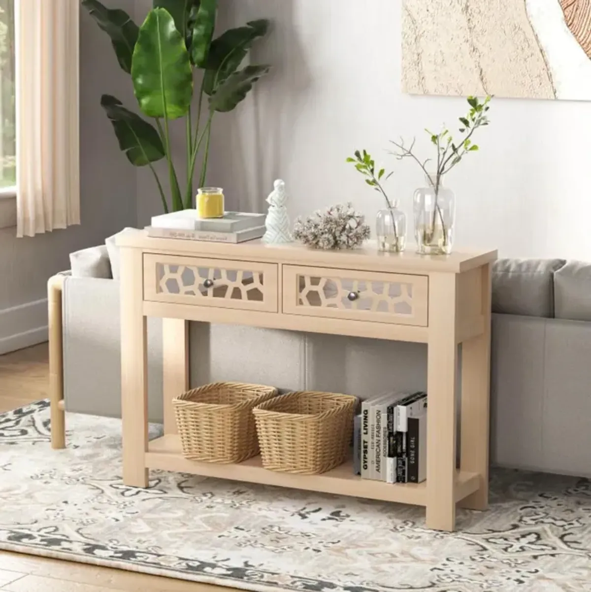 Hivvago 2-Tier Console Table with Drawers and Open Storage Shelf