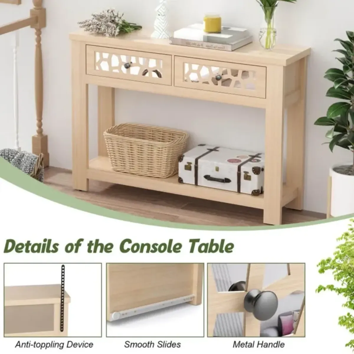 Hivvago 2-Tier Console Table with Drawers and Open Storage Shelf