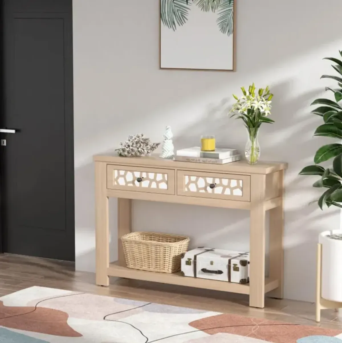 Hivvago 2-Tier Console Table with Drawers and Open Storage Shelf