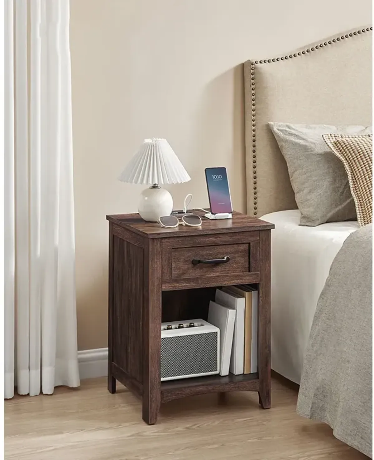 Nightstand with Charging Station and Open Compartment for Convenient Storage