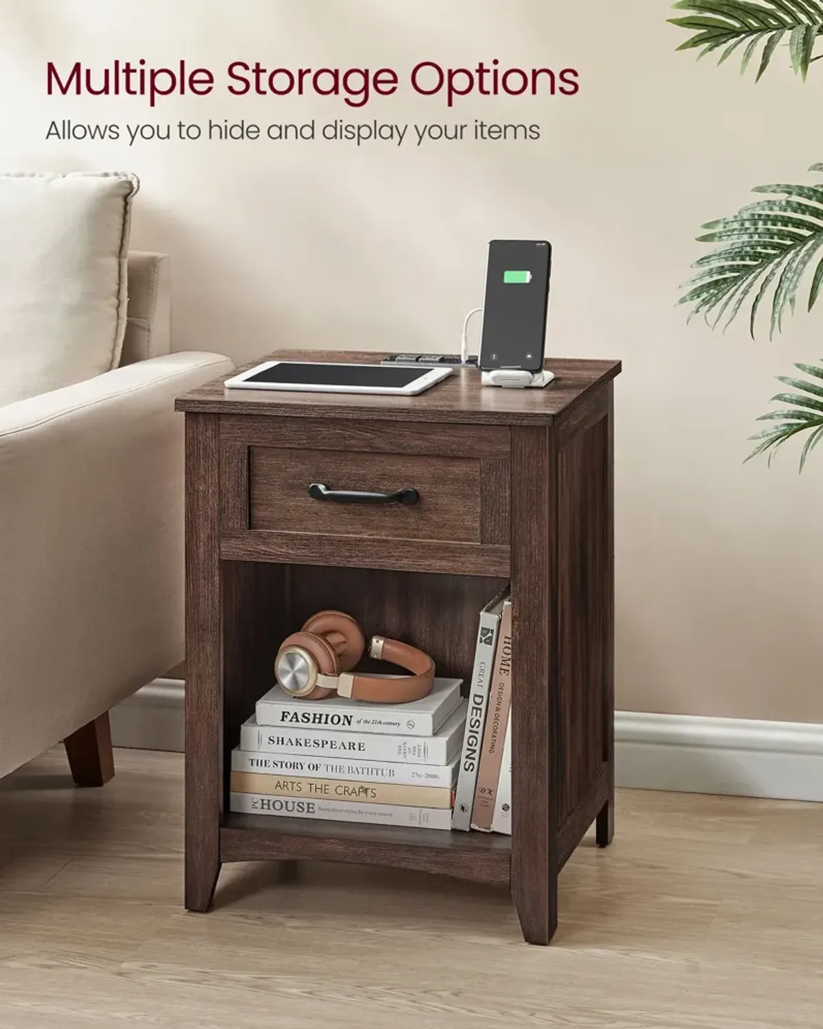 Nightstand with Charging Station and Open Compartment for Convenient Storage