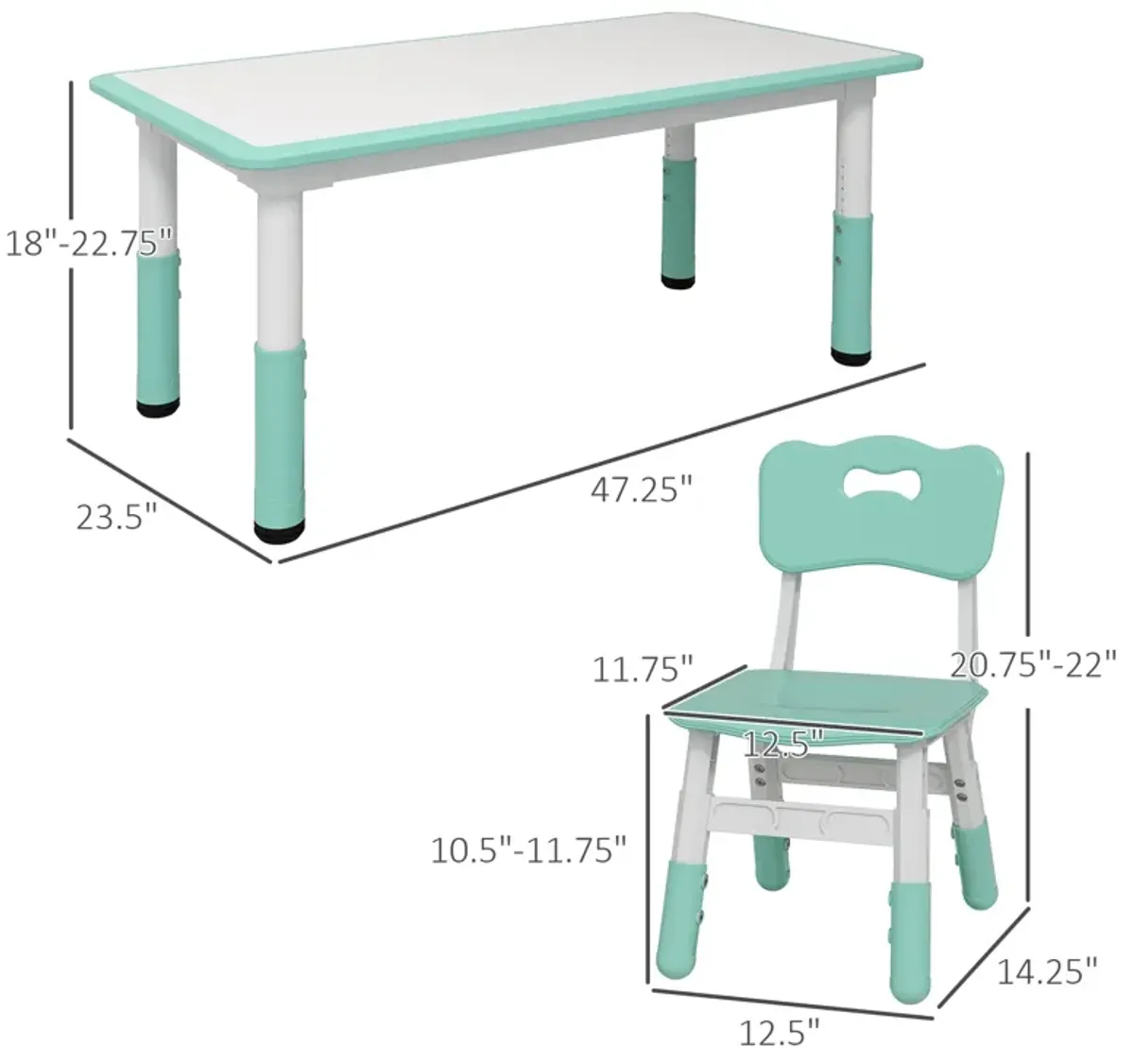 Kids Table and Chair Set with 4 Chairs, Adjustable Height, Easy to Clean Table Surface, for 1.5 - 5 Years Old, Green