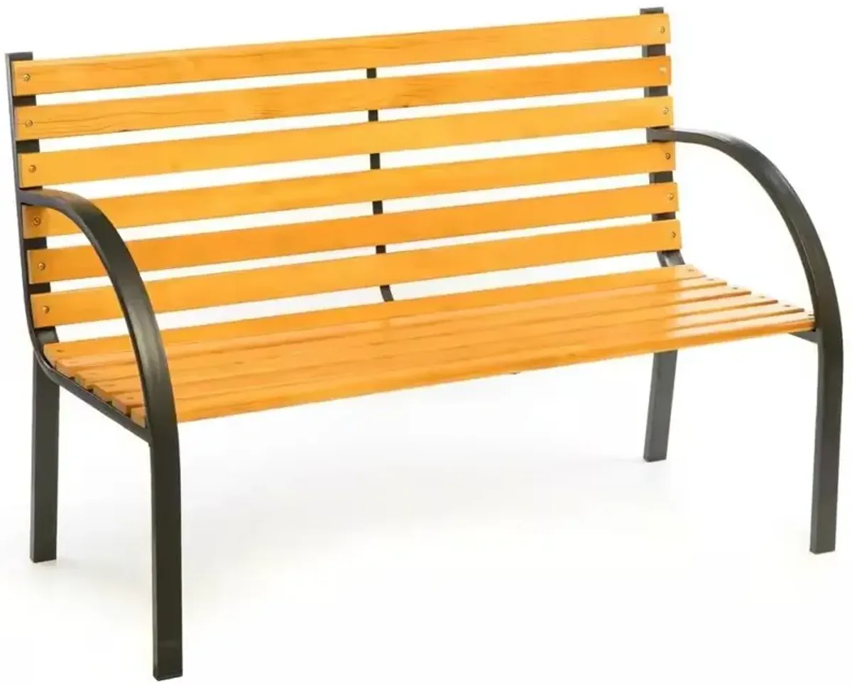 Outdoor Metal Frame Garden Bench with Wood Slats and Curved Armrests
