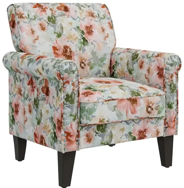 HL Home Furnishings Rolled Armchairs with Nailheads in Orange and Green Floral