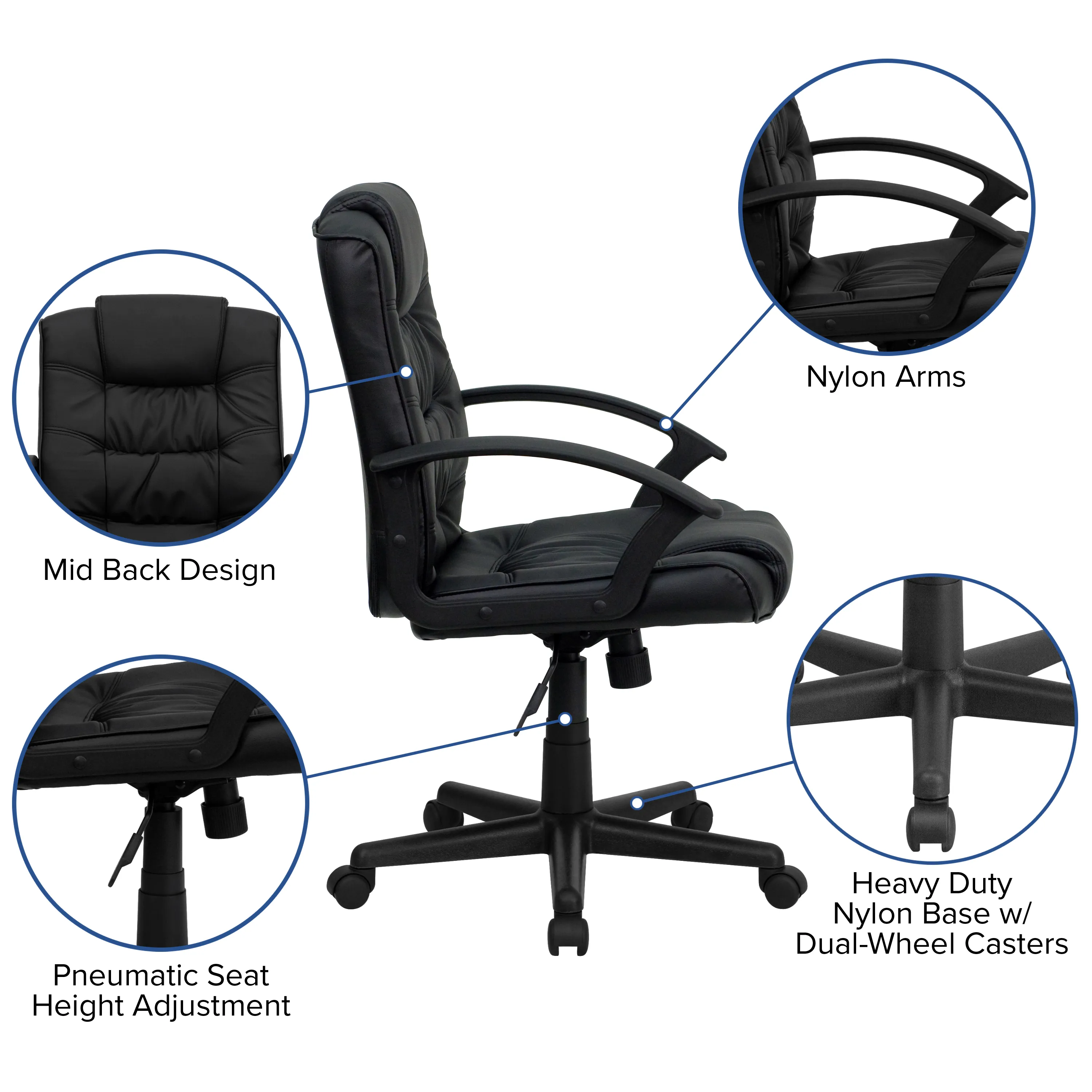 Lindon Mid-Back Black LeatherSoft Swivel Task Office Chair with Arms