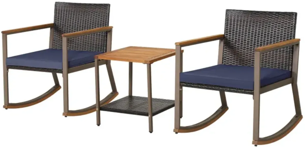 3 Pieces Rattan Rocking Bistro Set with Coffee Table and Cushions