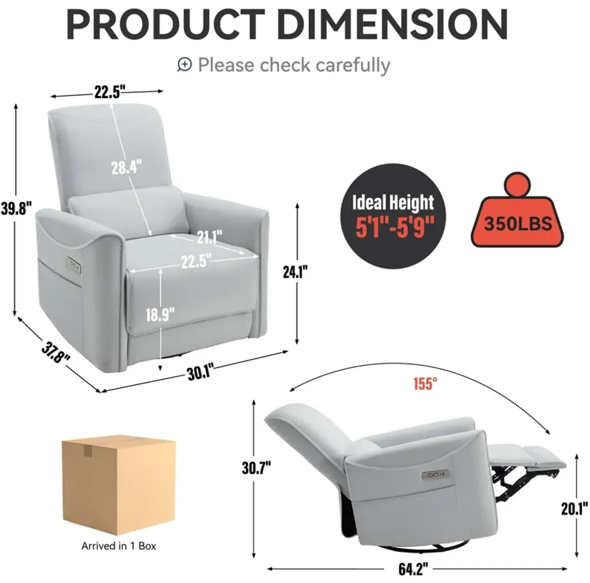 Mondawe Swivel and Rocker Power Recliner Chair, Heavy Duty Motion Mechanism with USB and Type-C Ports