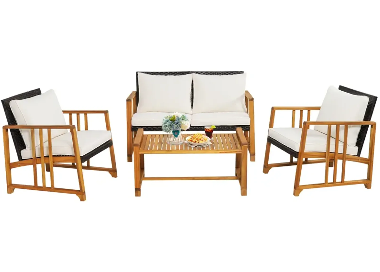 4 Pieces Patio Rattan Conversation Set with Seat and Back Cushions-Off White