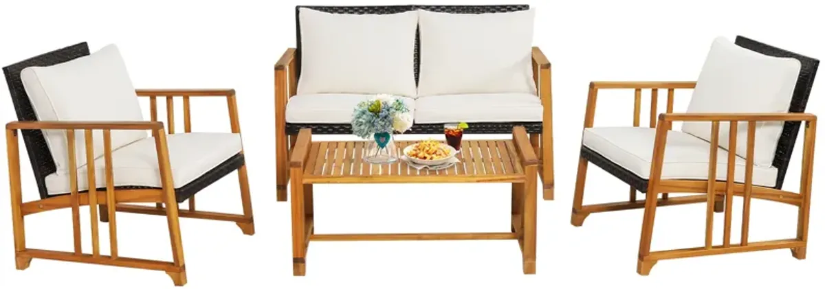 4 Pieces Patio Rattan Conversation Set with Seat and Back Cushions-Off White