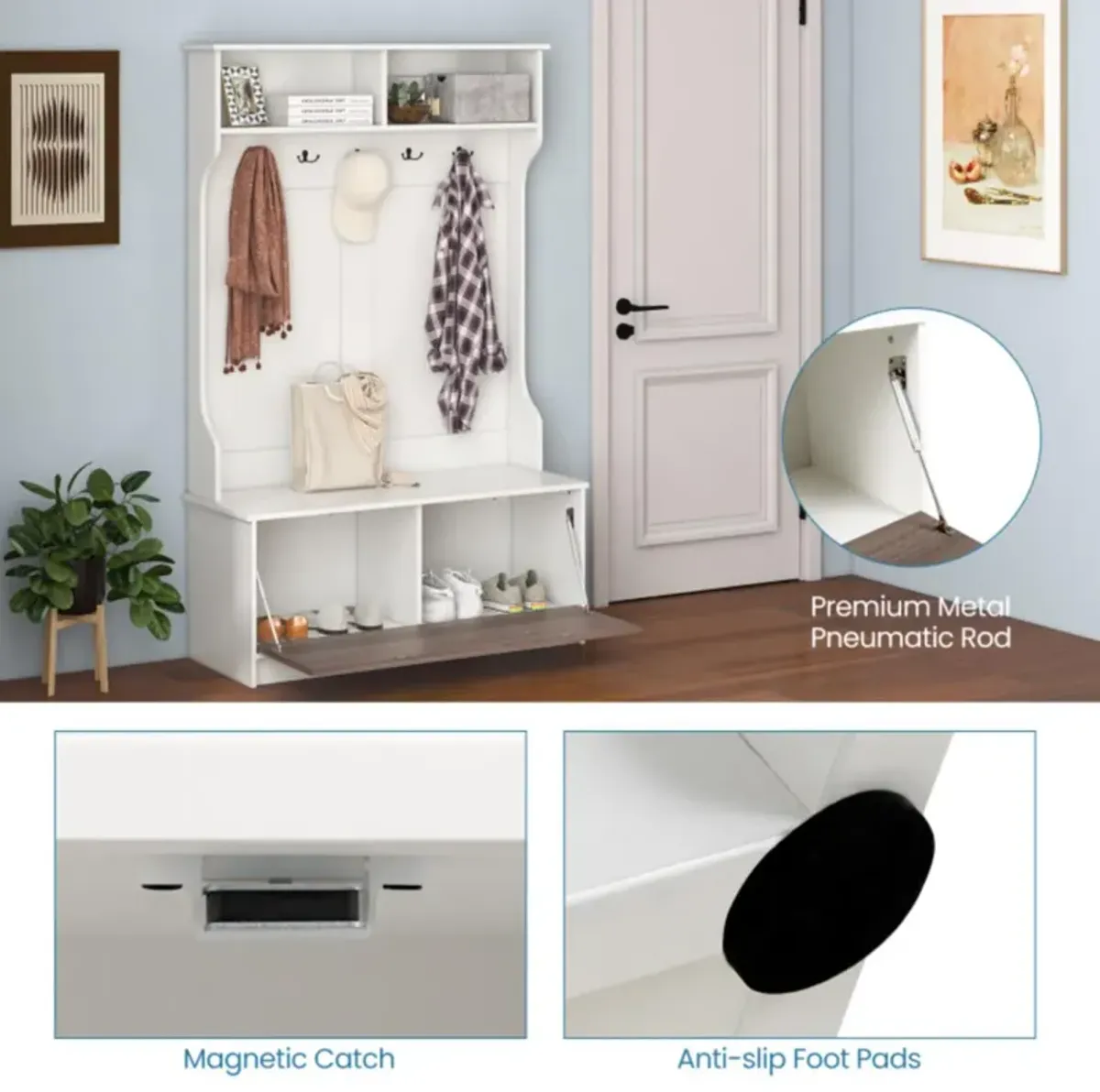 Hivvago 3 in 1 Coat Rack with Entryway Bench and Hooks and Enclosed Cabinet