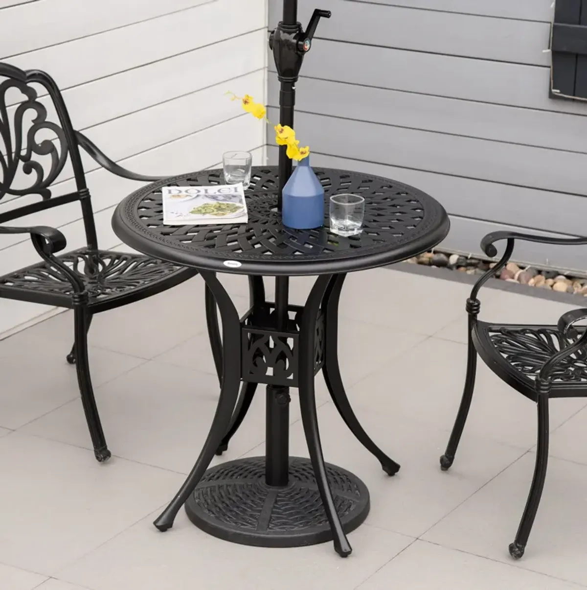 Black Outdoor Dining: 30" Round Cast Aluminum Table with Umbrella Hole