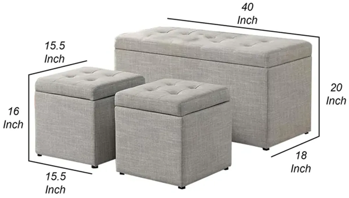 Uriel 3 Piece Storage Bench and 2 Nesting Ottomans, Tufted Light Gray Beige - Benzara