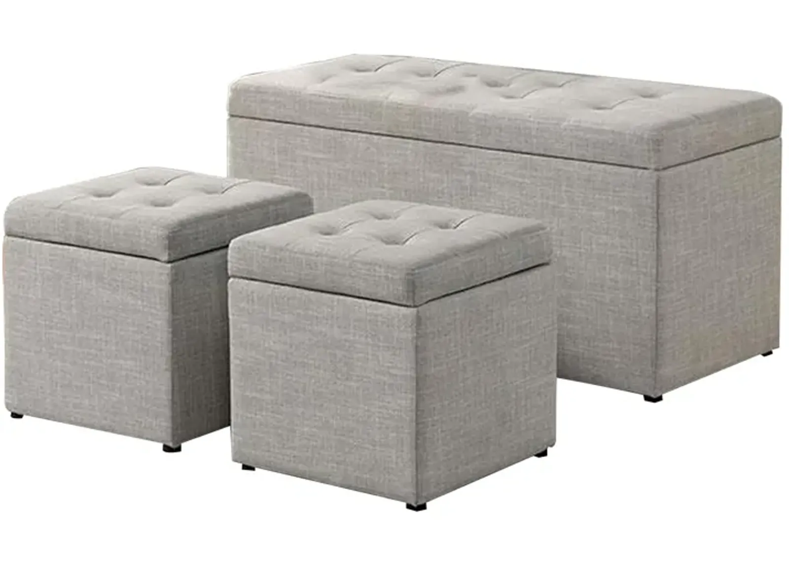 Uriel 3 Piece Storage Bench and 2 Nesting Ottomans, Tufted Light Gray Beige - Benzara