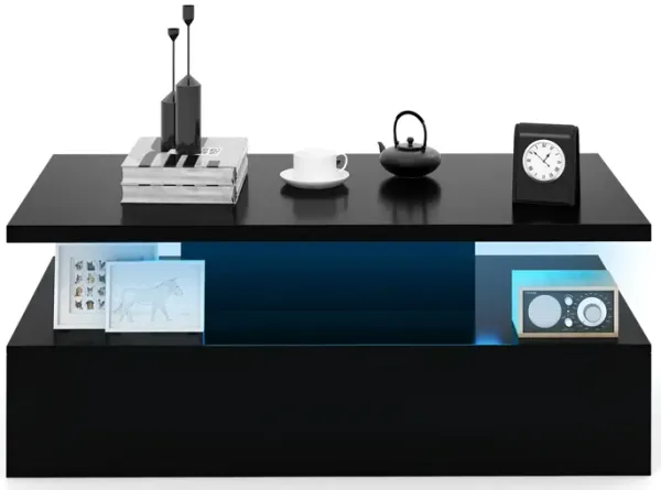 Modern 2-tier High Glossy Table with Adjustable Light Colors for Living Room-Black