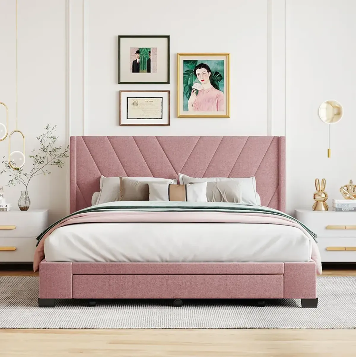 Merax Linen Upholstered Platform Bed with 3 Drawers