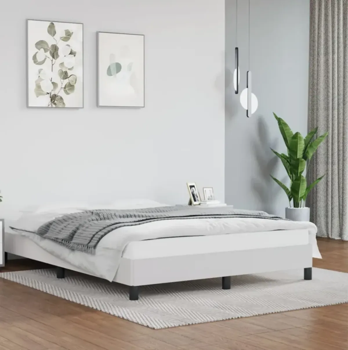 vidaXL Full Bed Frame in White - Faux Leather, Modern Design, Fits 53.9"x74.8" Mattress