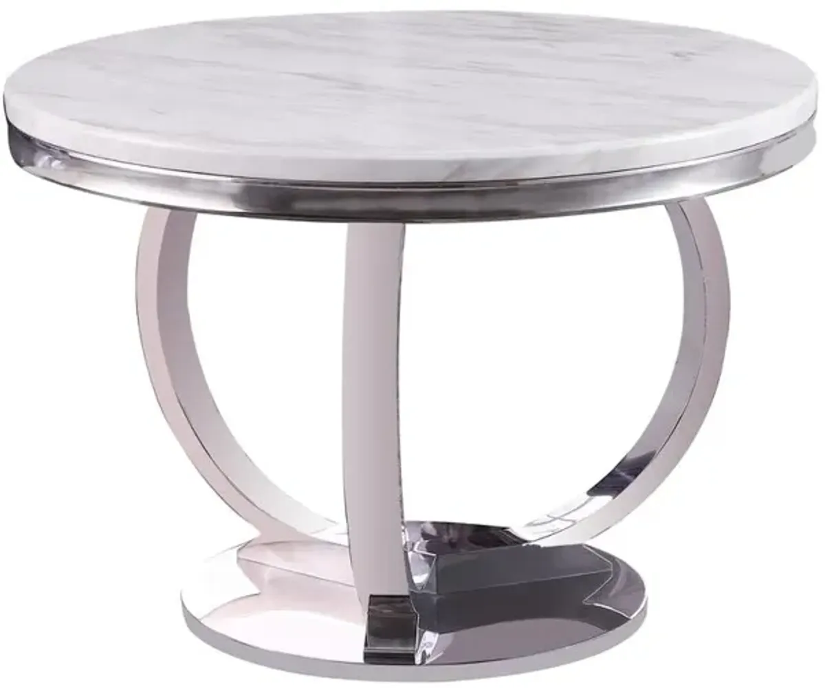 Layla White Modern Faux Marble Round Dining Table with Silver Base