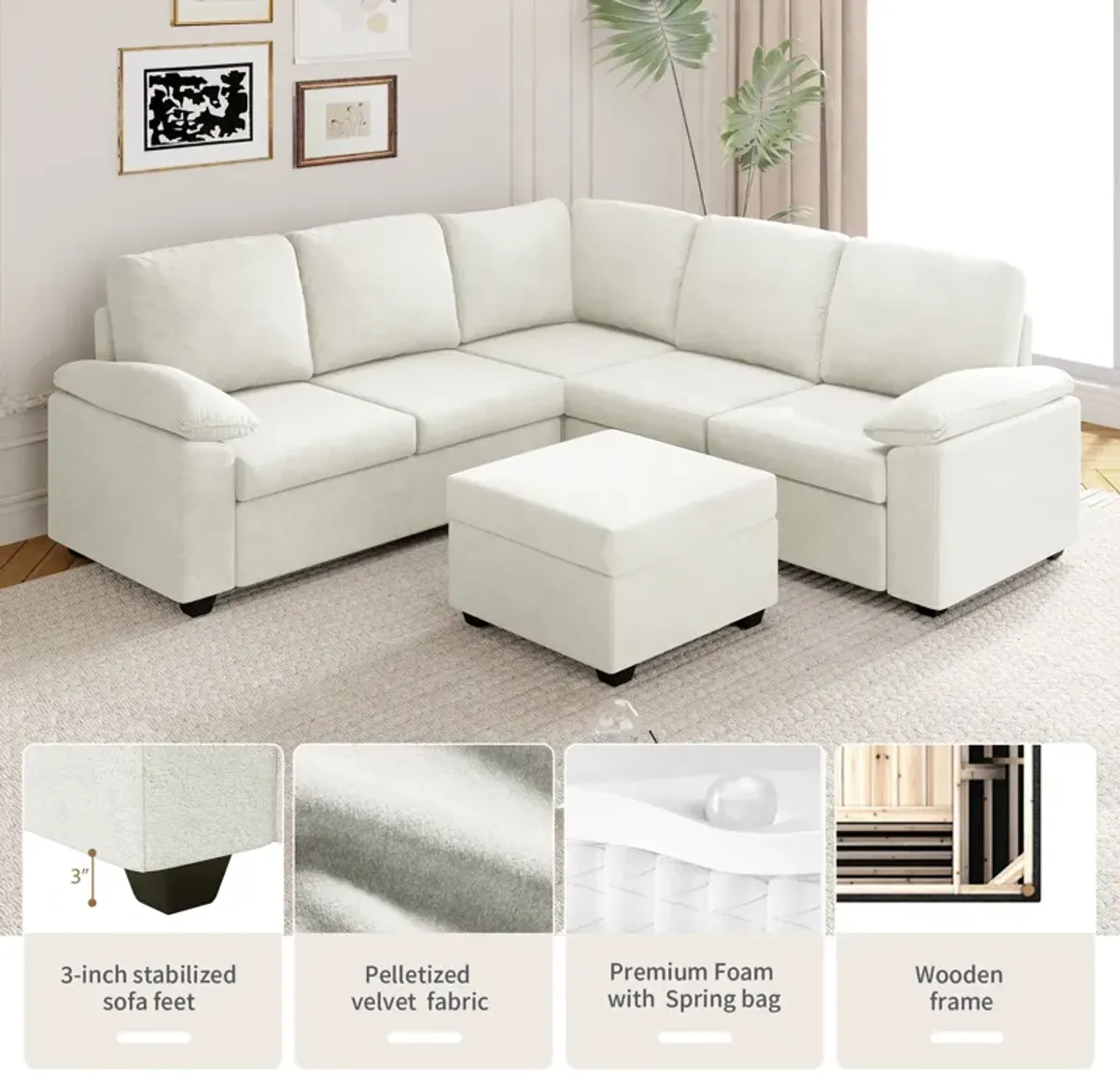 Merax Modern Velvet Sectional Sofa Set with Ottoman