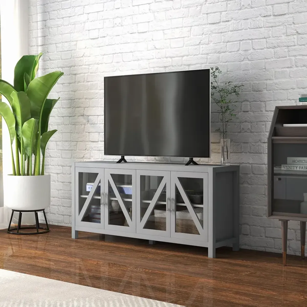 Gray Living Room Storage: TV Cabinet for 58" TVs with Glass Doors