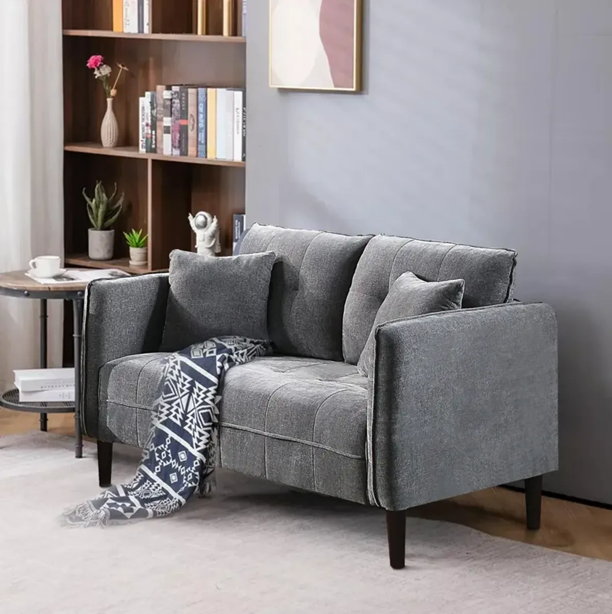 Hak 52 Inch Loveseat, Rounded Curved Arms, Biscuit Tufting, Wood Legs, Gray - Benzara