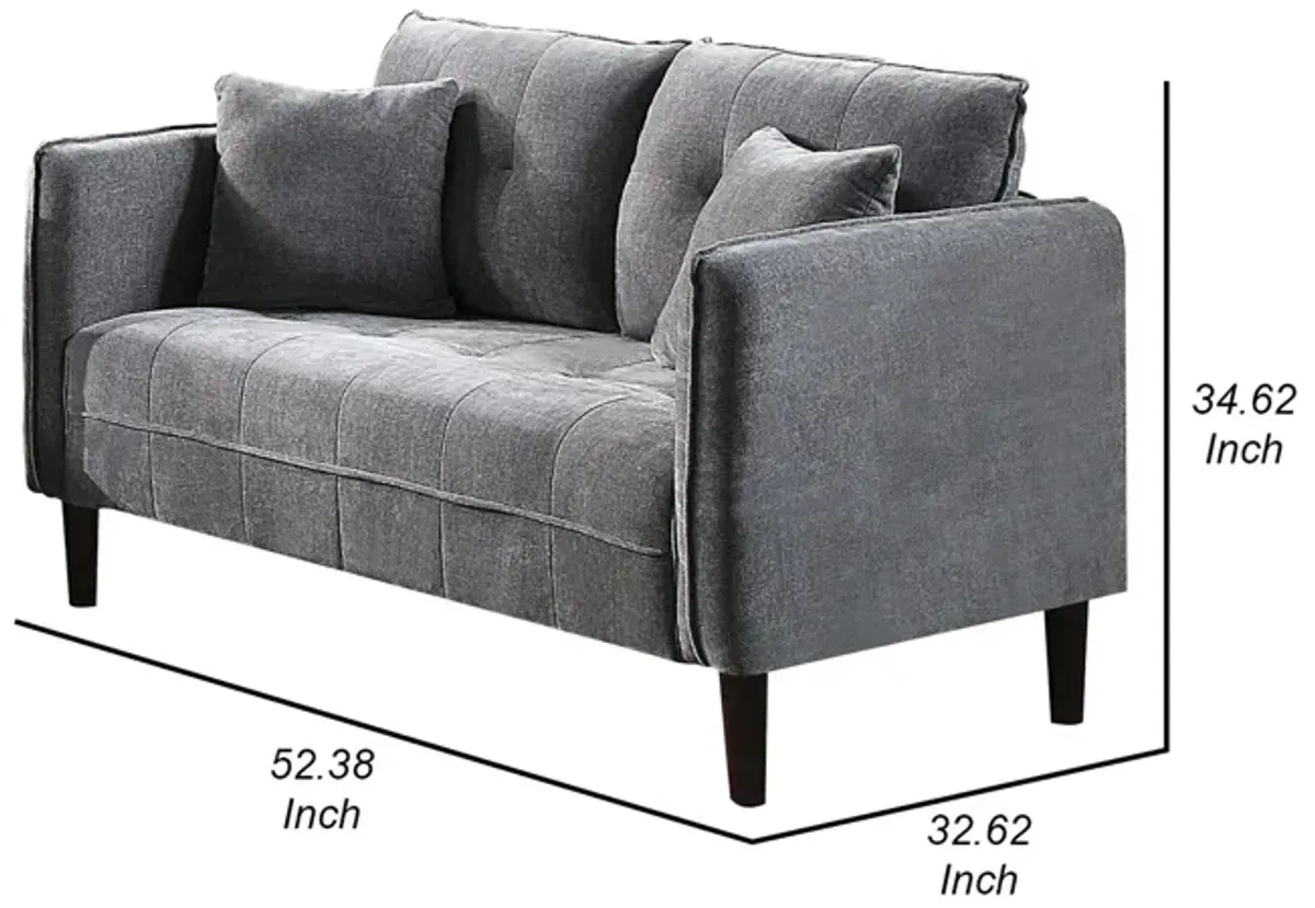 Hak 52 Inch Loveseat, Rounded Curved Arms, Biscuit Tufting, Wood Legs, Gray - Benzara