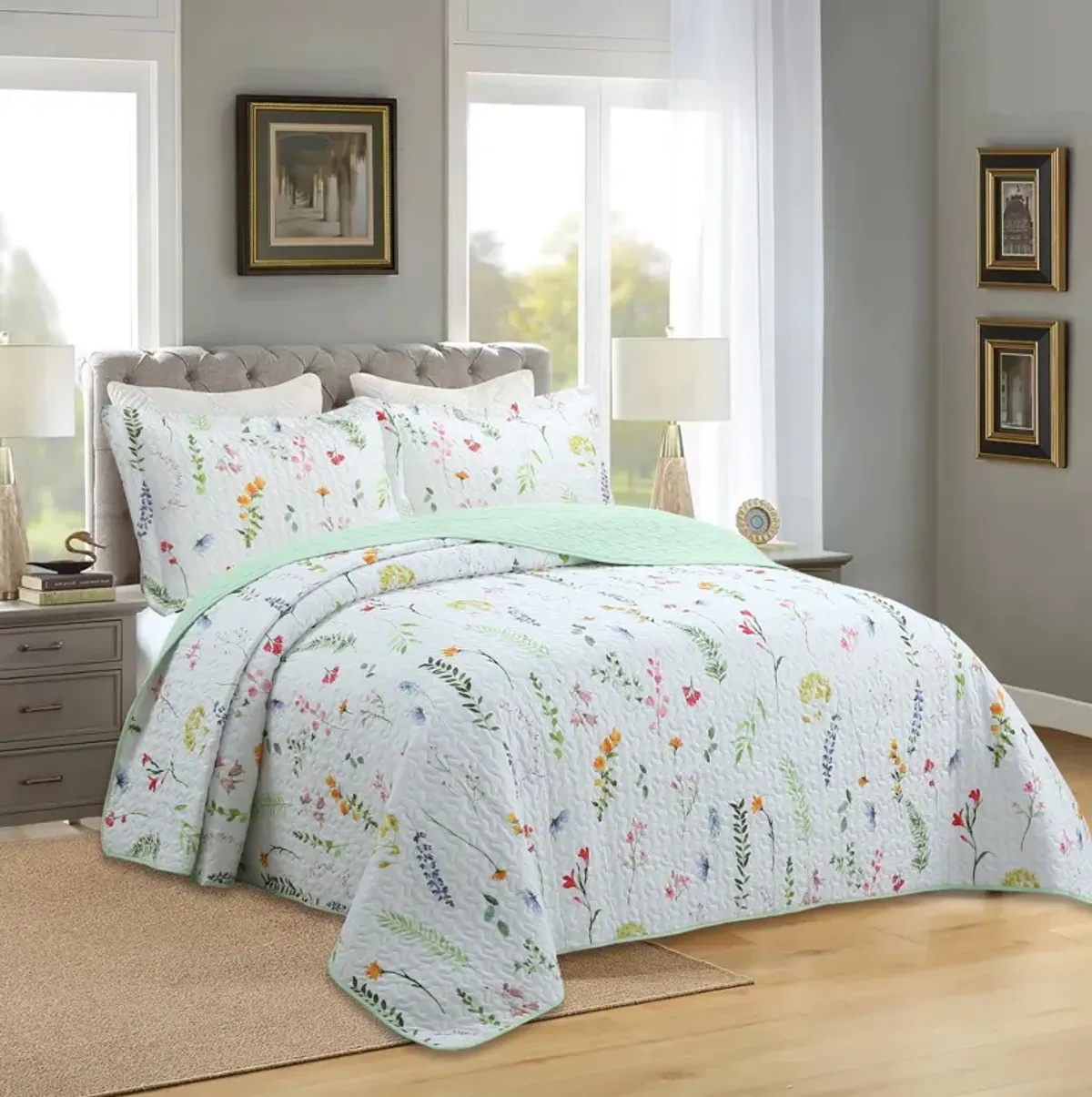 Marcielo 3 Piece Floral Pattern Quilt Set Lightweight Bedspread Set