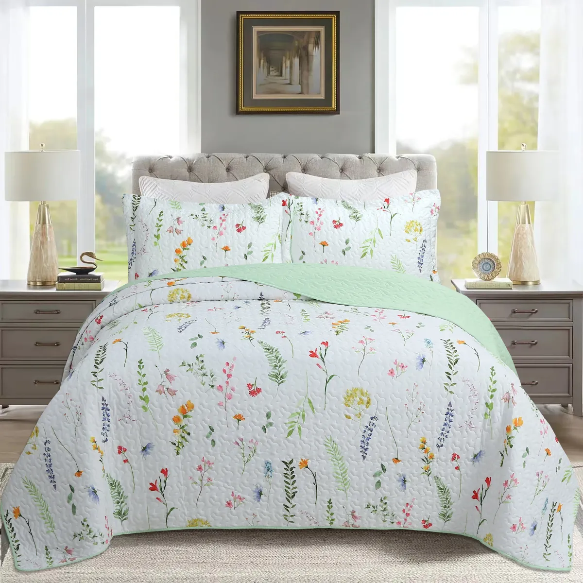 Marcielo 3 Piece Floral Pattern Quilt Set Lightweight Bedspread Set