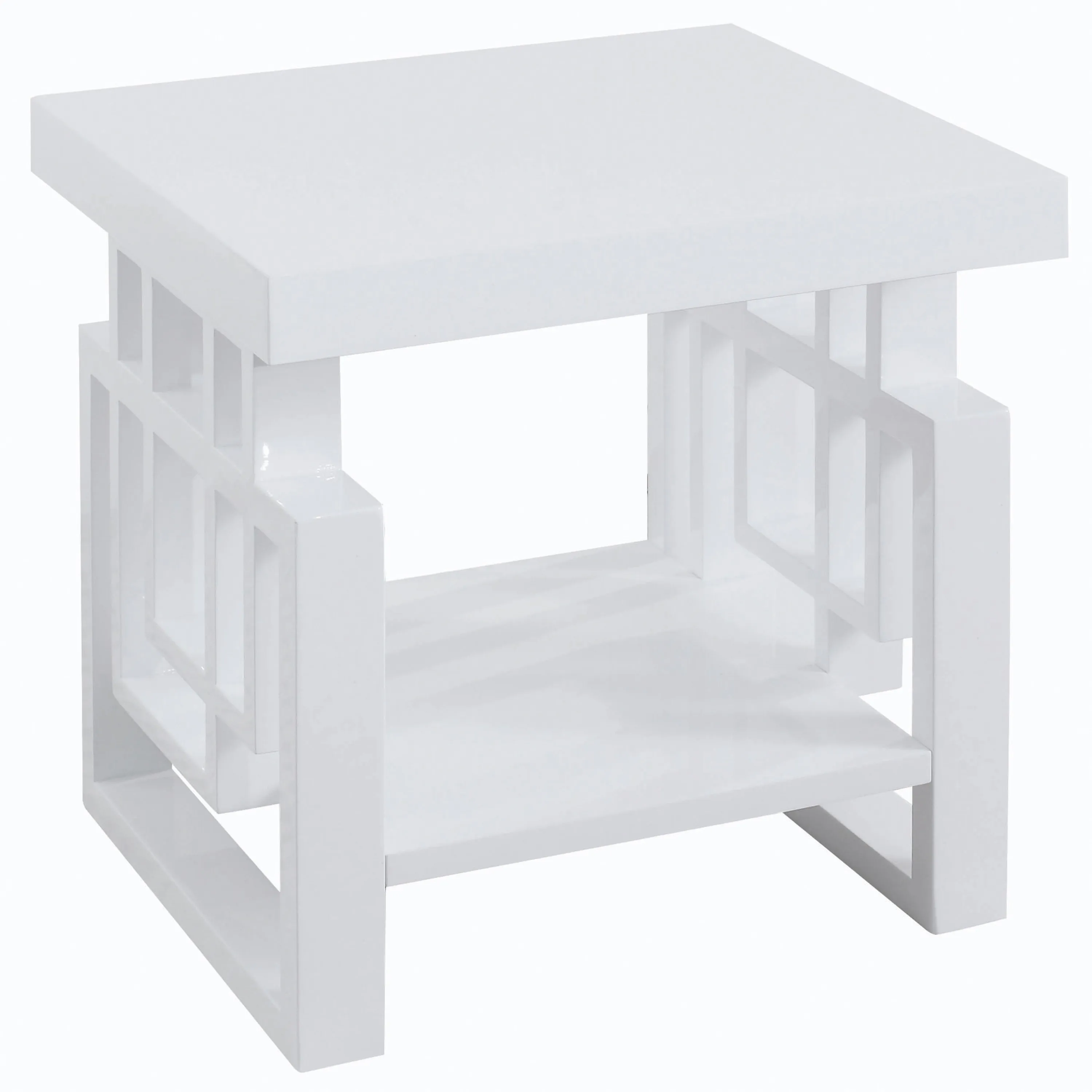 22 Inch Wood End Table, Geometric Frame, 1 Shelf, Glossy White-Benzara