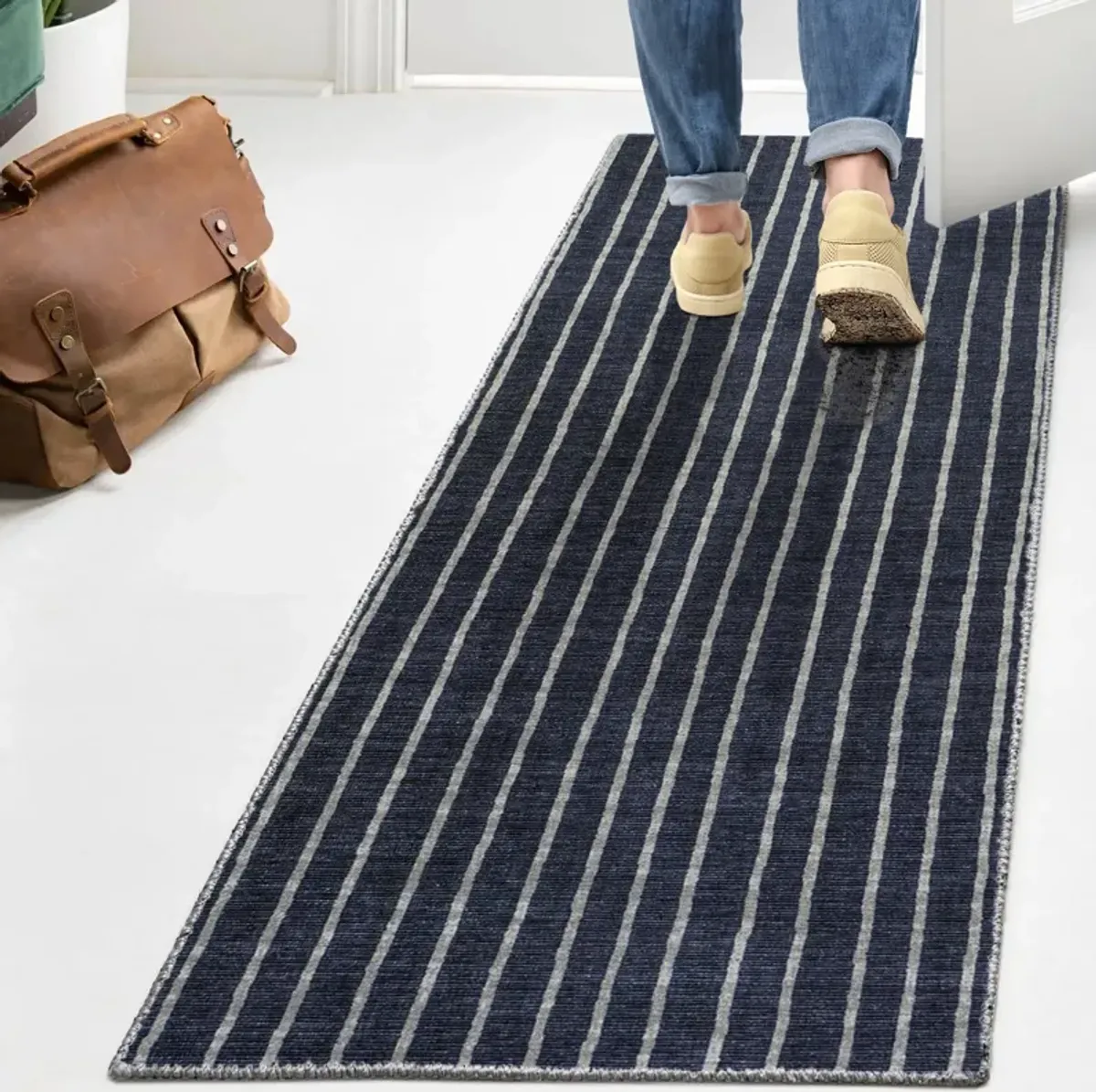 Rand Distressed Ticking Stripe Machine Washable Area Rug