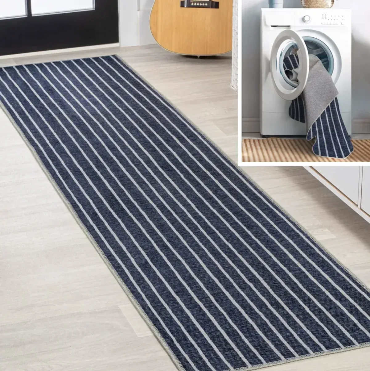 Rand Distressed Ticking Stripe Machine Washable Area Rug