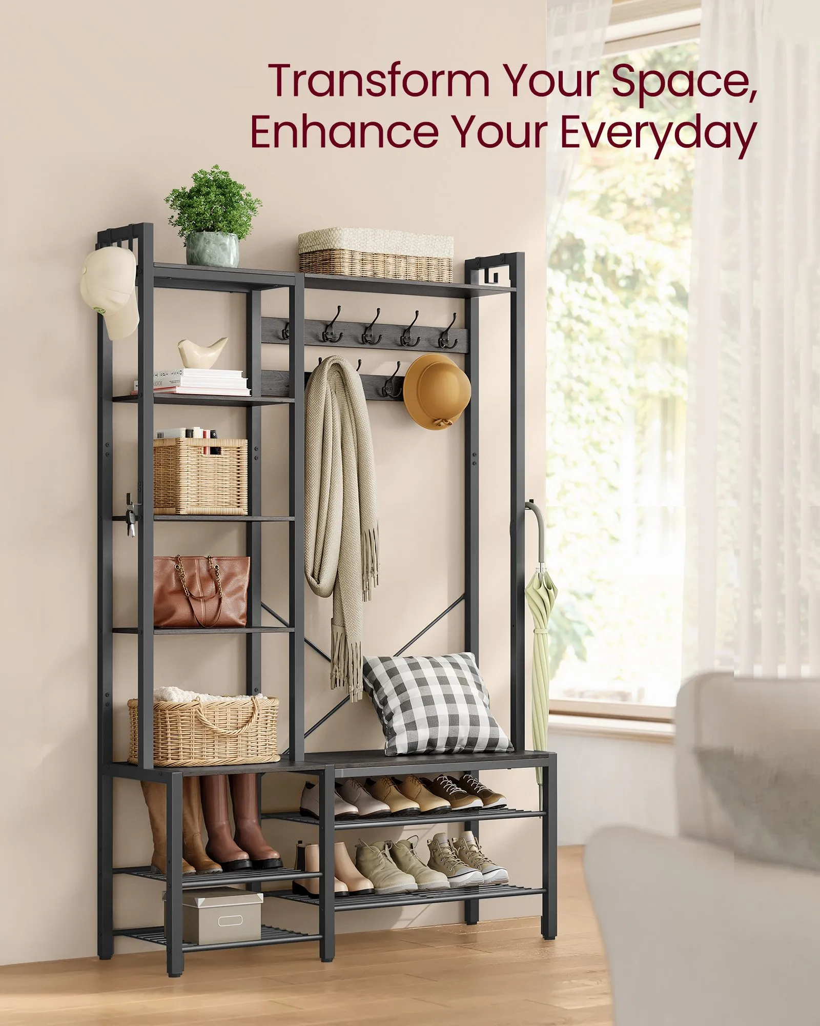 Hall Tree with Bench, Hooks, and Shelves for Entryway Storage and Organization