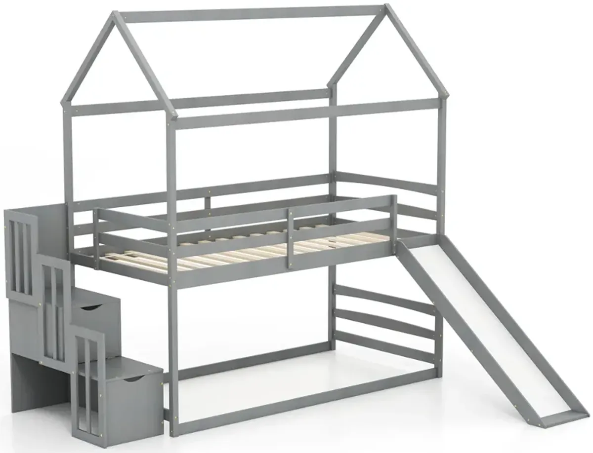 Twin over Twin Bunk Bed with Slide and 2-Step Storage Staircase