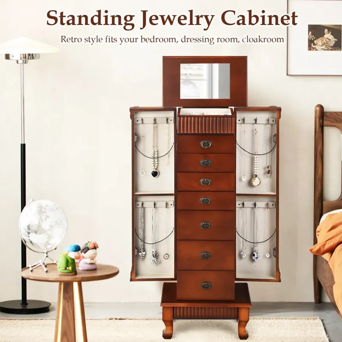 Wooden Jewelry Armoire Cabinet Storage Chest with Drawers and Swing Doors