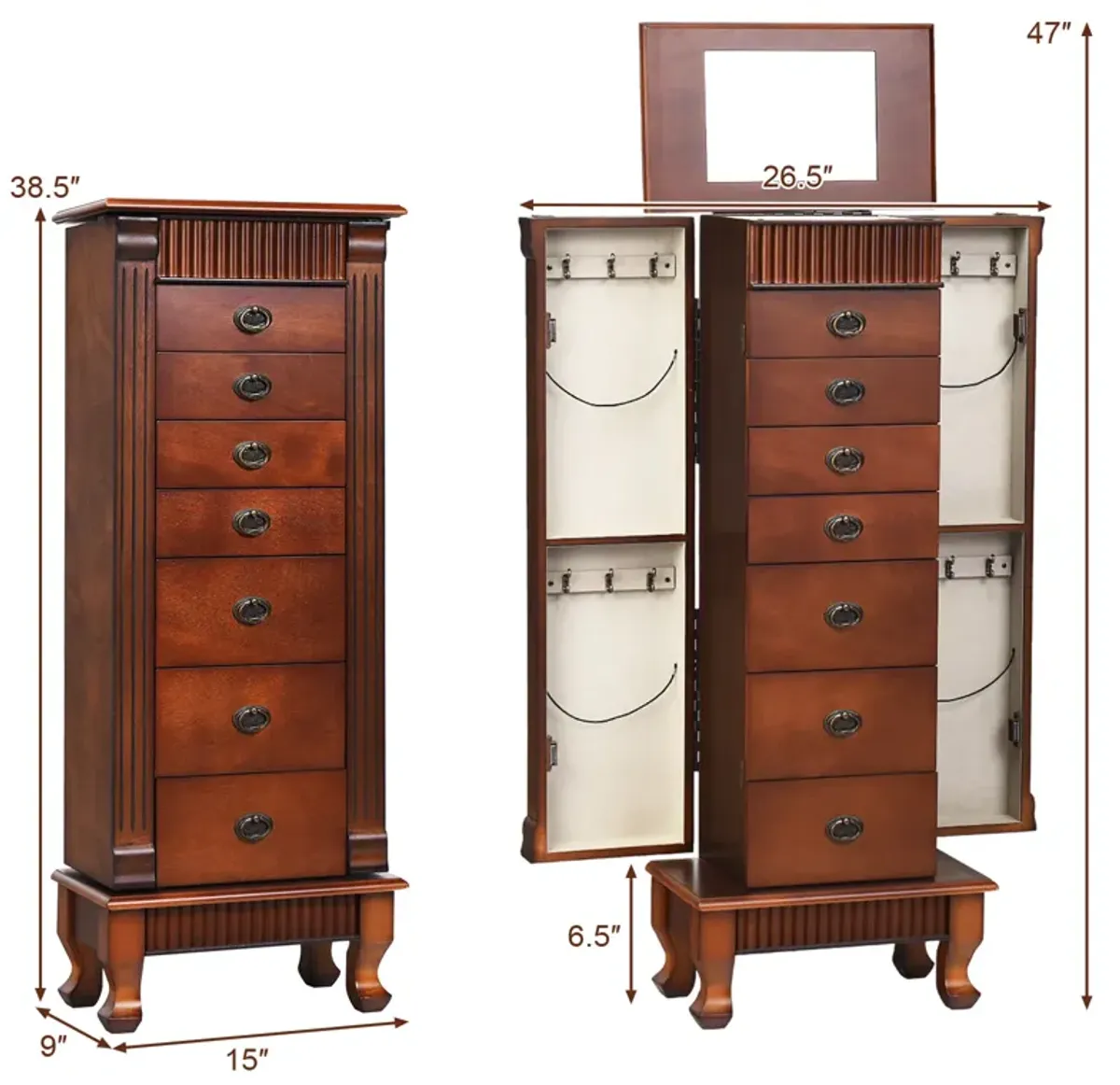 Wooden Jewelry Armoire Cabinet Storage Chest with Drawers and Swing Doors