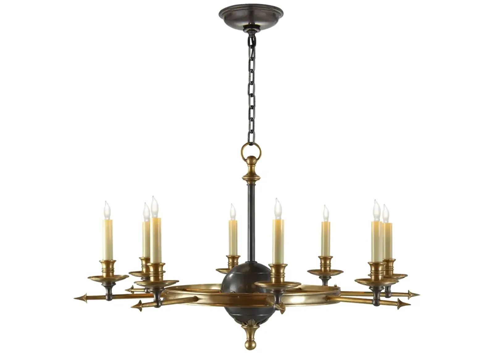 Leaf and Arrow Large Chandelier in Bronze with Antique-Burnished Brass